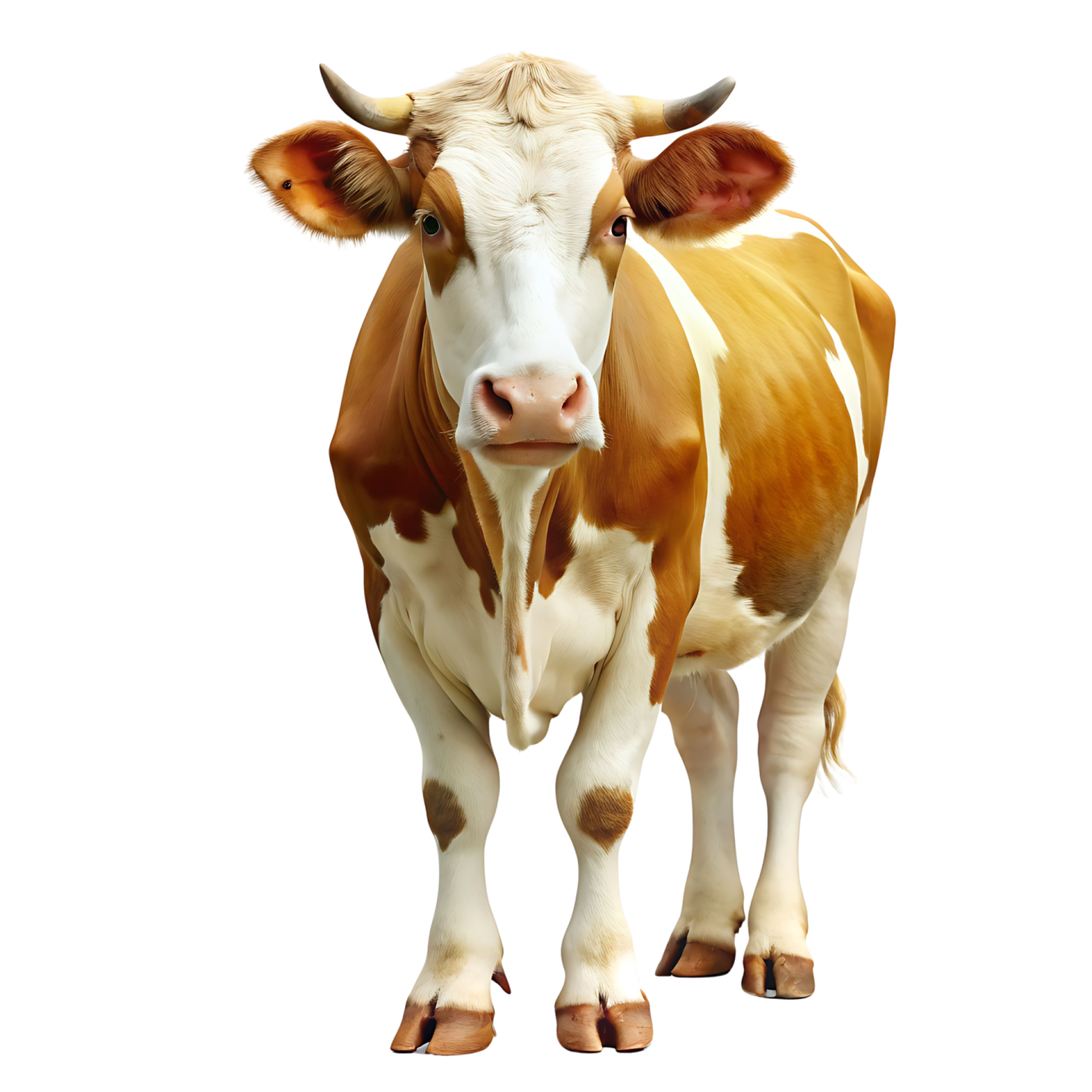 a brown and white cow standing in front of a white background
