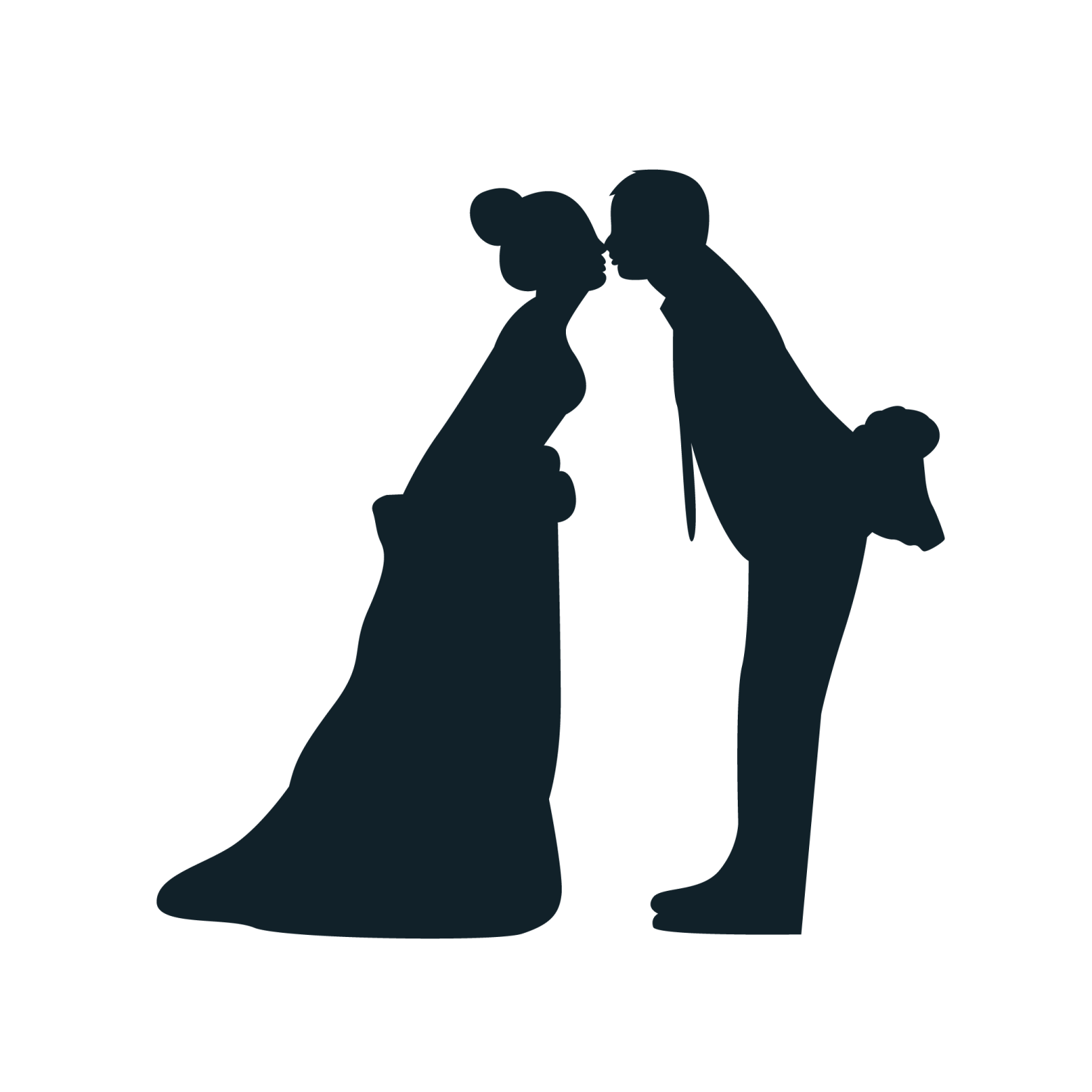 a silhouette of a bride and groom kissing