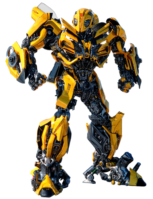 a yellow and black robot standing on top of a white surface