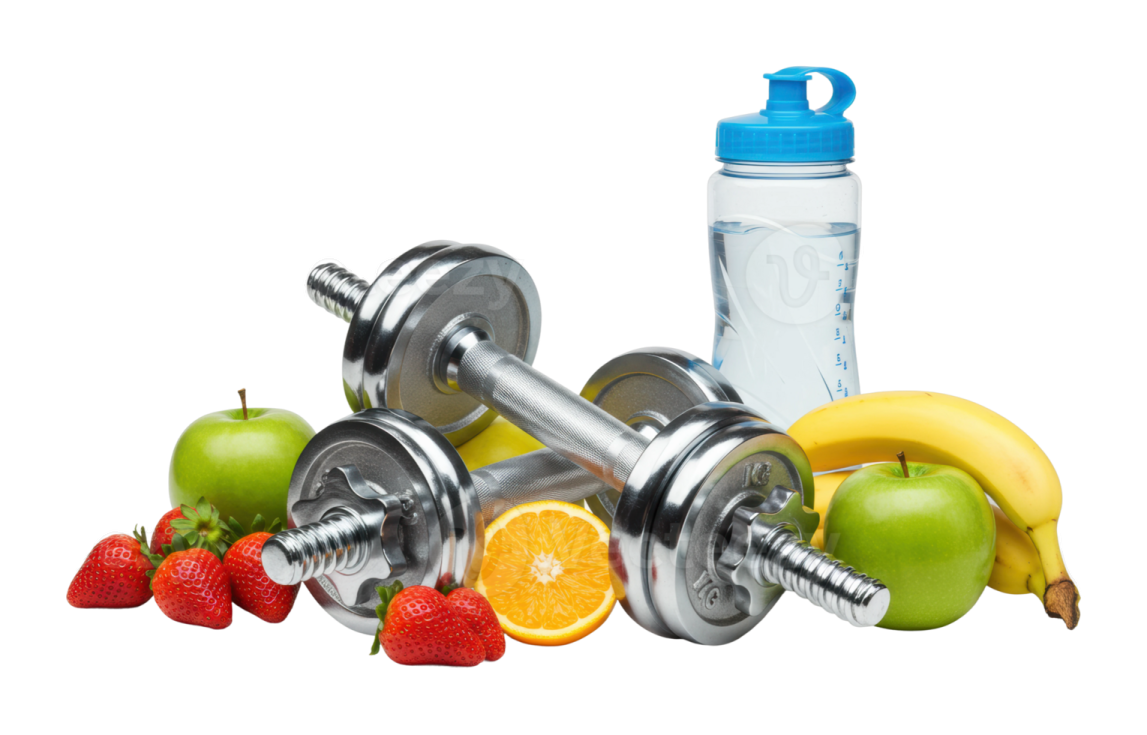 a bottle of water sitting next to a bunch of fruit