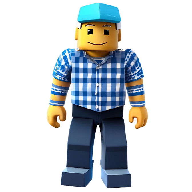 a lego man with a blue hat and plaid shirt