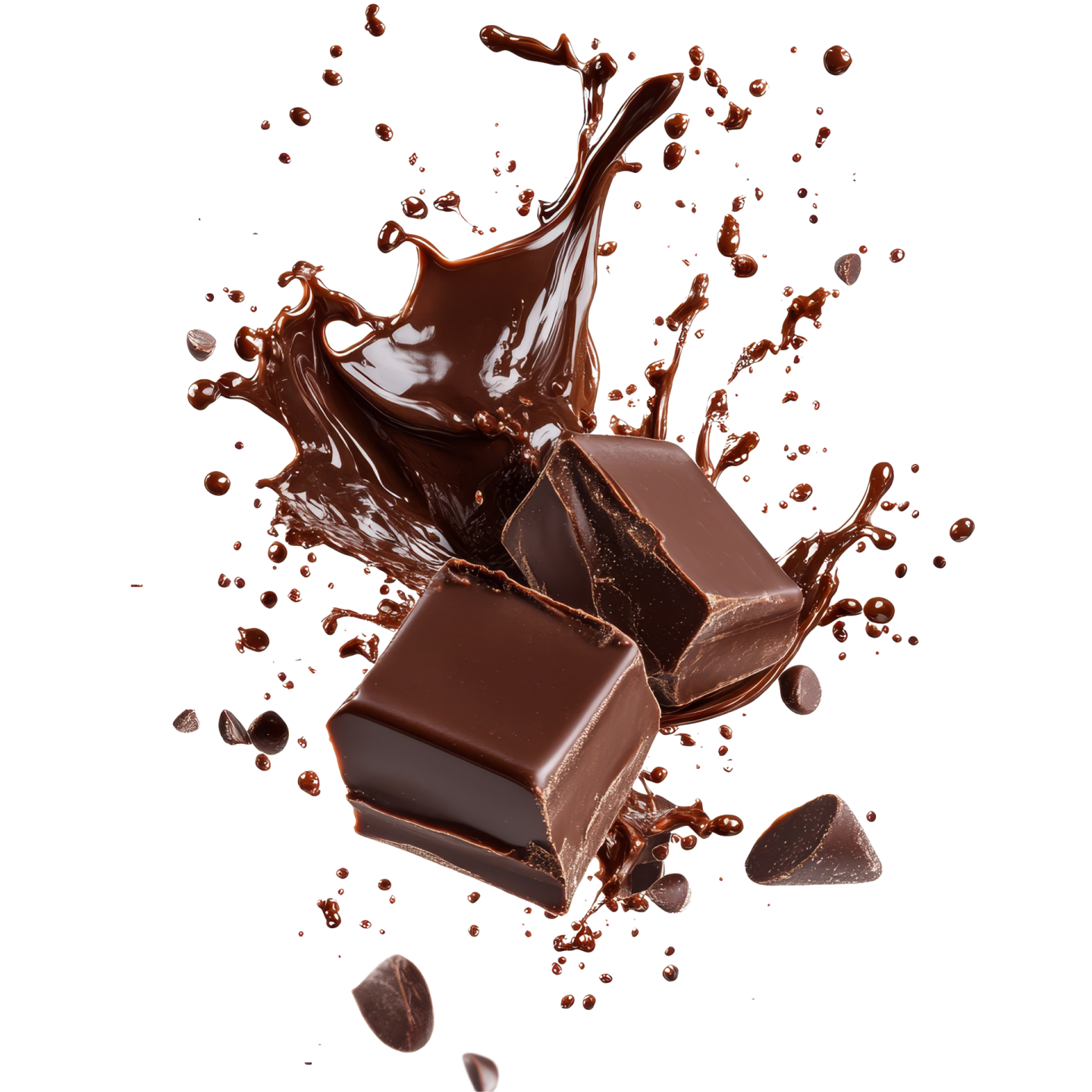 chocolate splashing out of a piece of chocolate on a white background