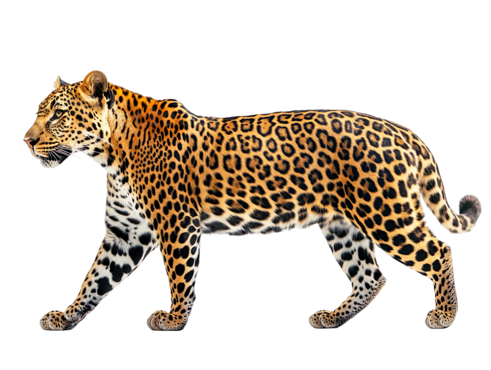 a leopard walking on a white background
