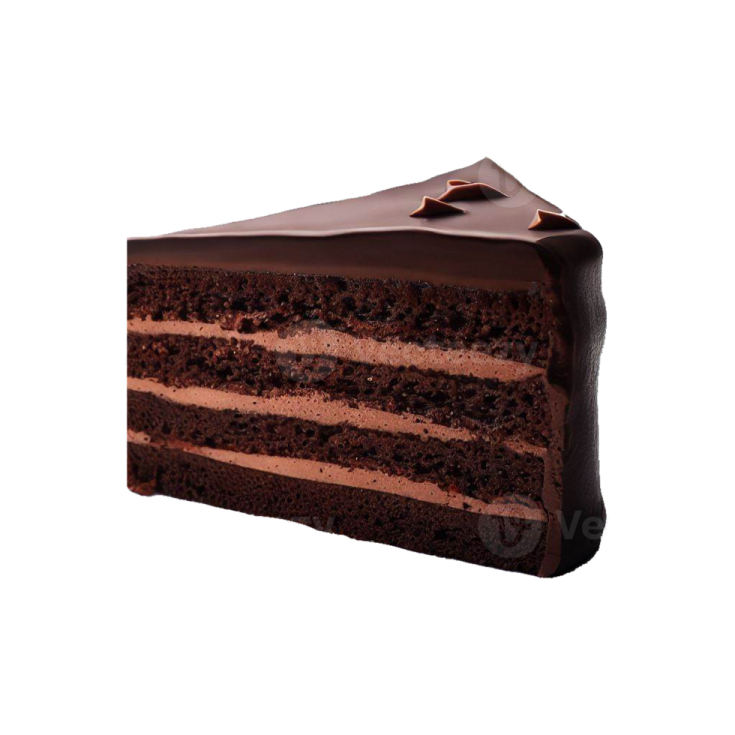 a piece of chocolate cake on a white background