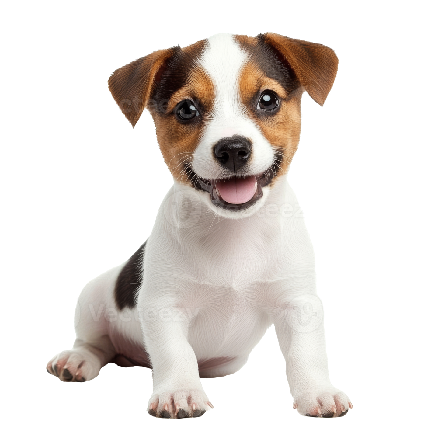 a small brown and white dog sitting down