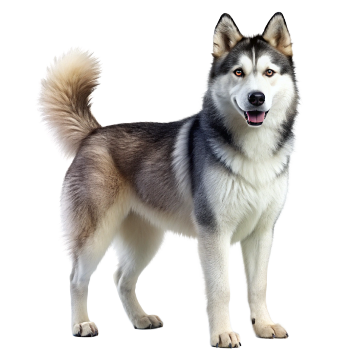 a husky dog standing in front of a white background
