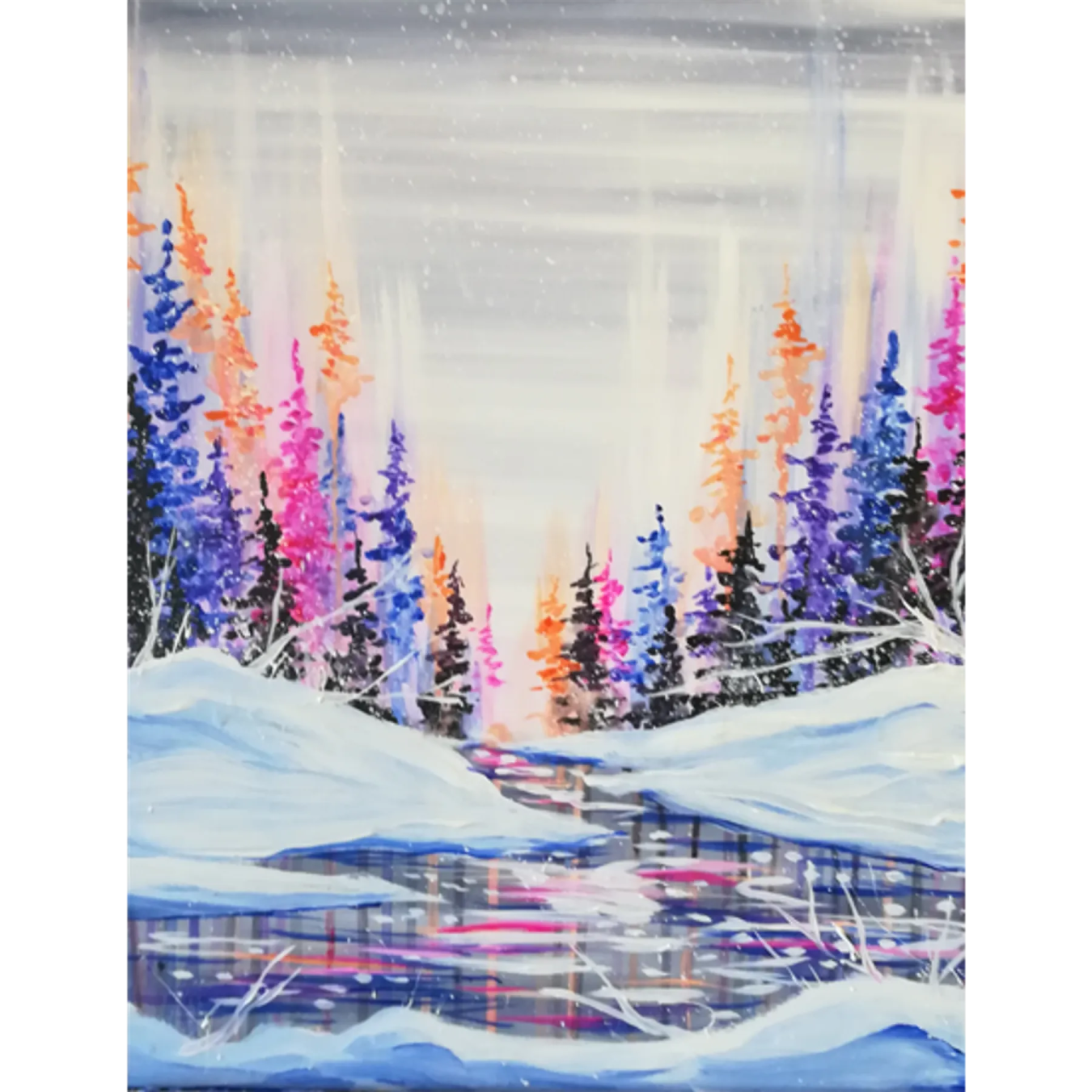 a painting of trees and water in the snow