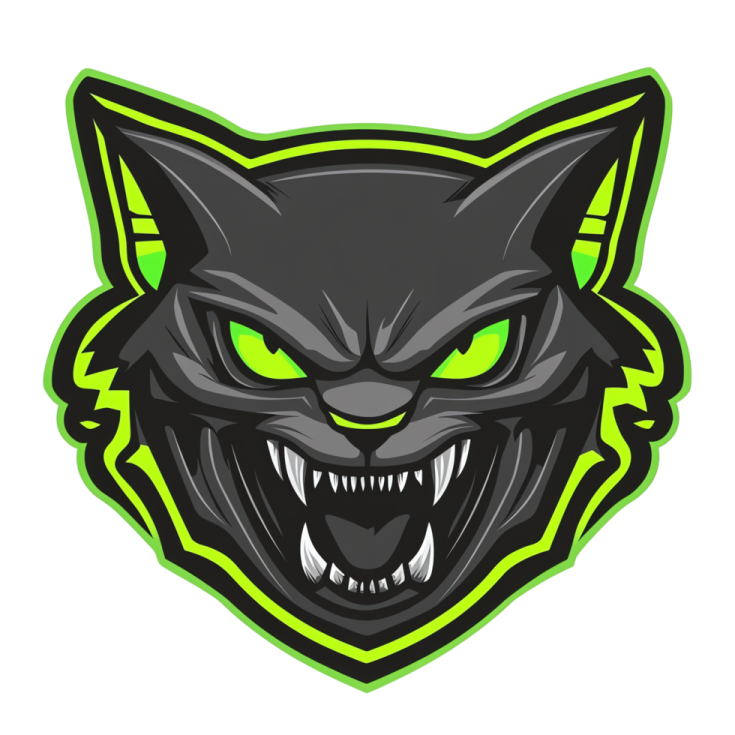 a black cat with green eyes and fangs
