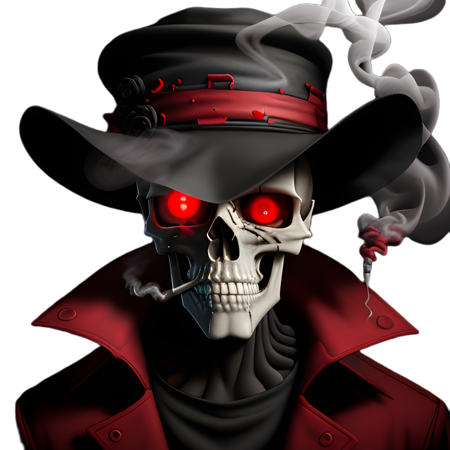 a skull wearing a hat and smoking a cigarette