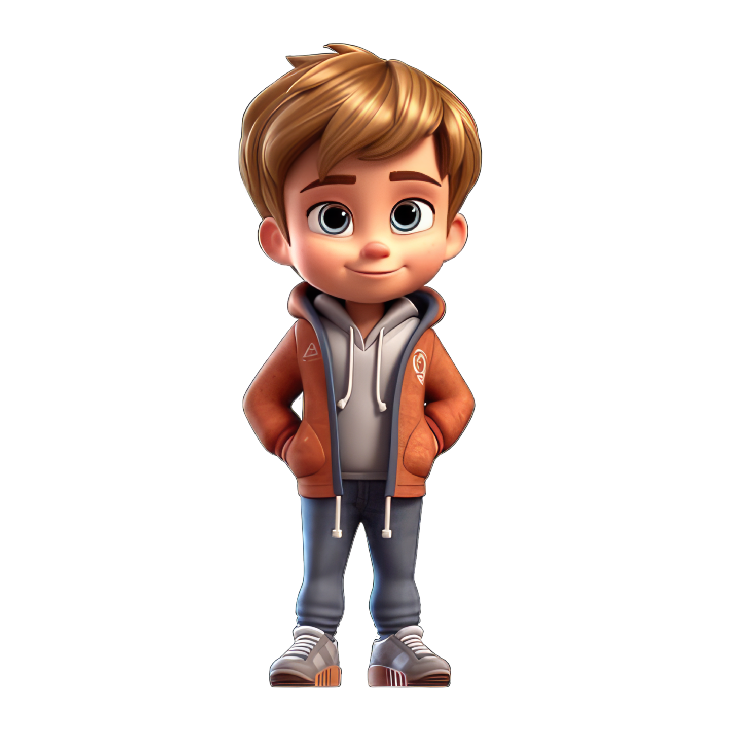 a young boy in a brown jacket and jeans, standing with his hands on his hips