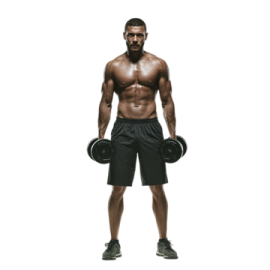 a man in black shorts holding two dumbs