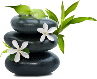 a pile of black stones with white flowers on top