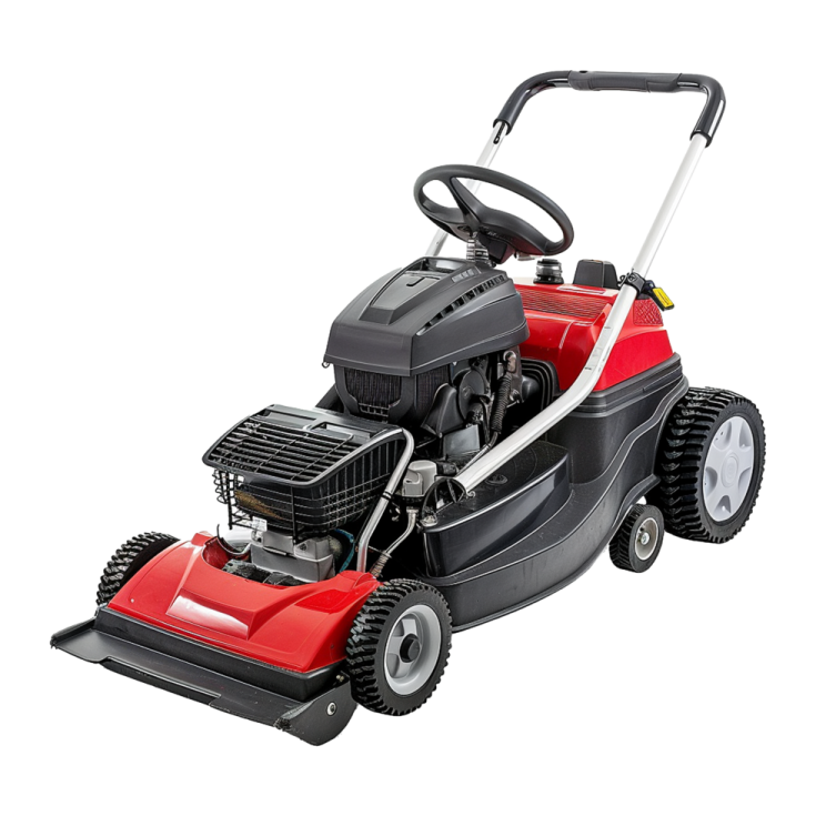 a red lawn mower on a white background
