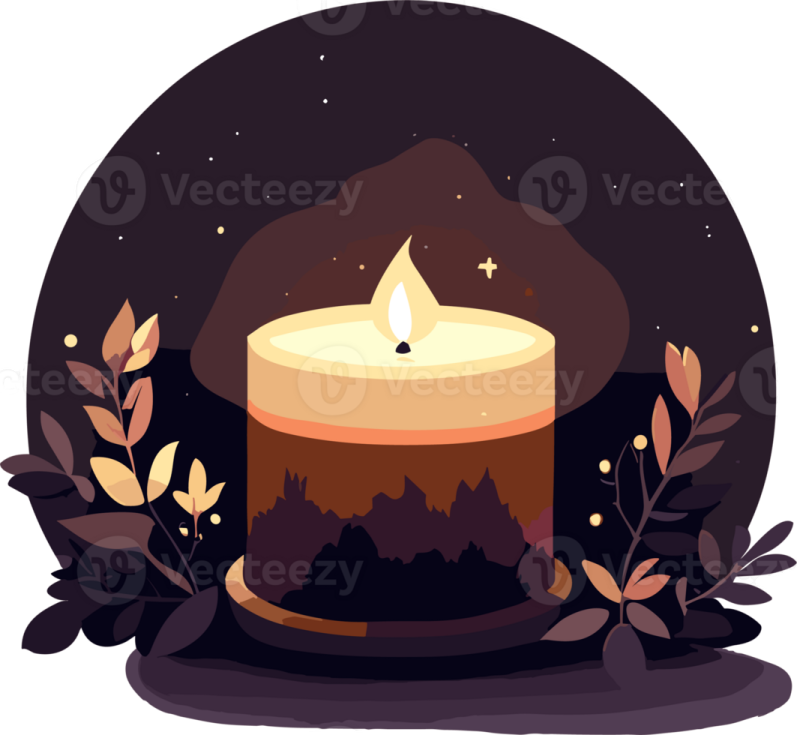 a candle with leaves around it