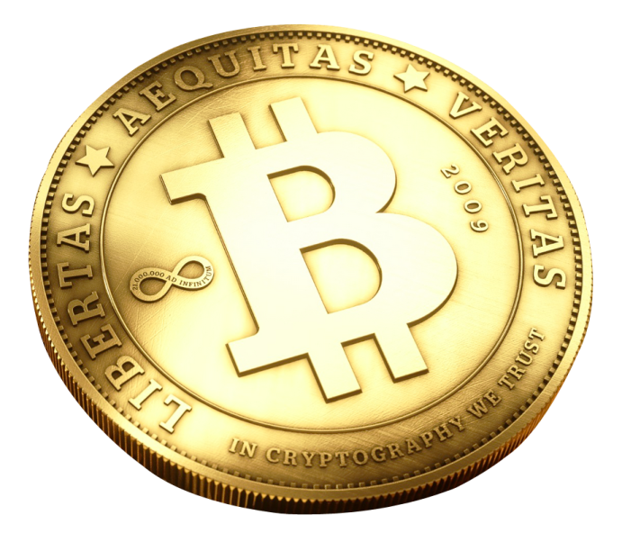 a golden bit coin on a white background