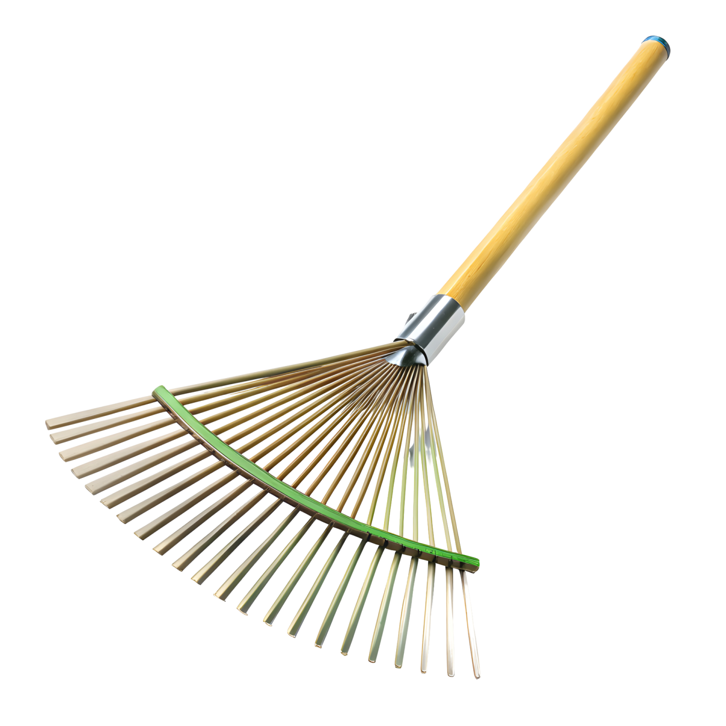 a green and yellow rake with wooden handle