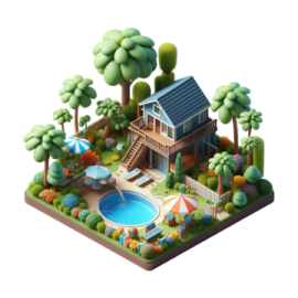 a small house with a pool in the middle