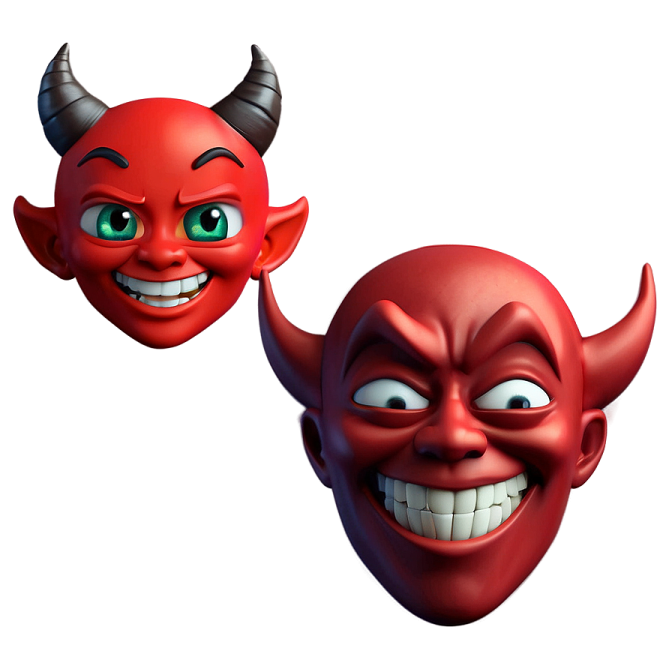 two red devil masks with green eyes and horns