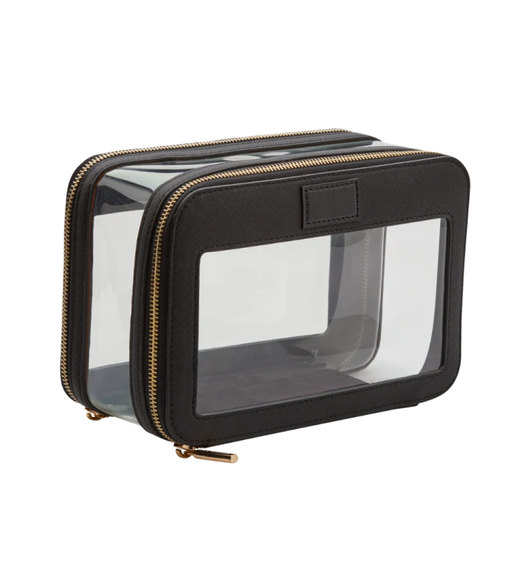 a black and clear case with gold trim