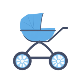 a baby stroller with blue wheels