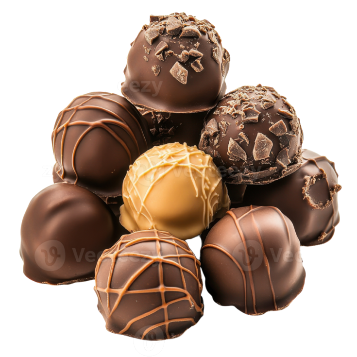 a pile of chocolates on a white background