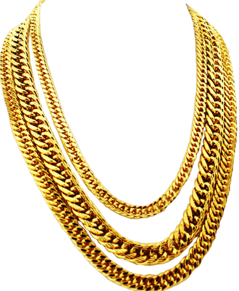 a gold necklace on a white background