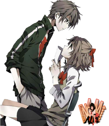 two anime characters, one is hugging and the other is kissing