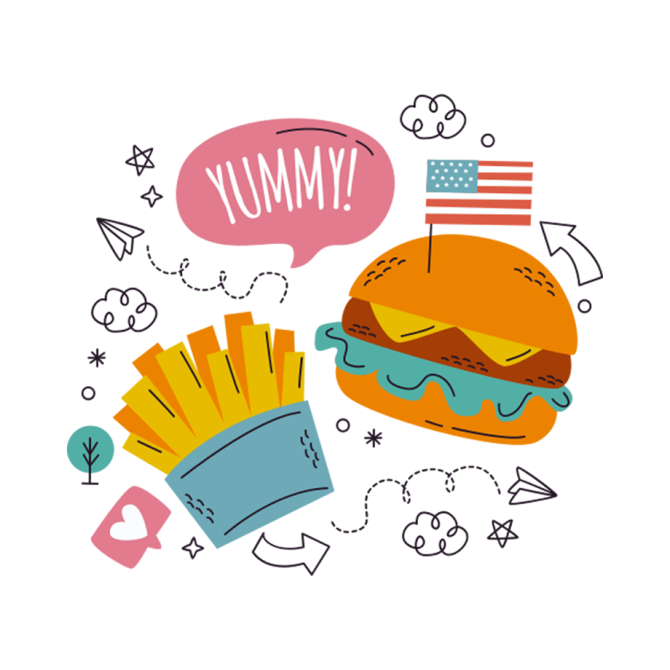 an illustration of a hamburger and french fries
