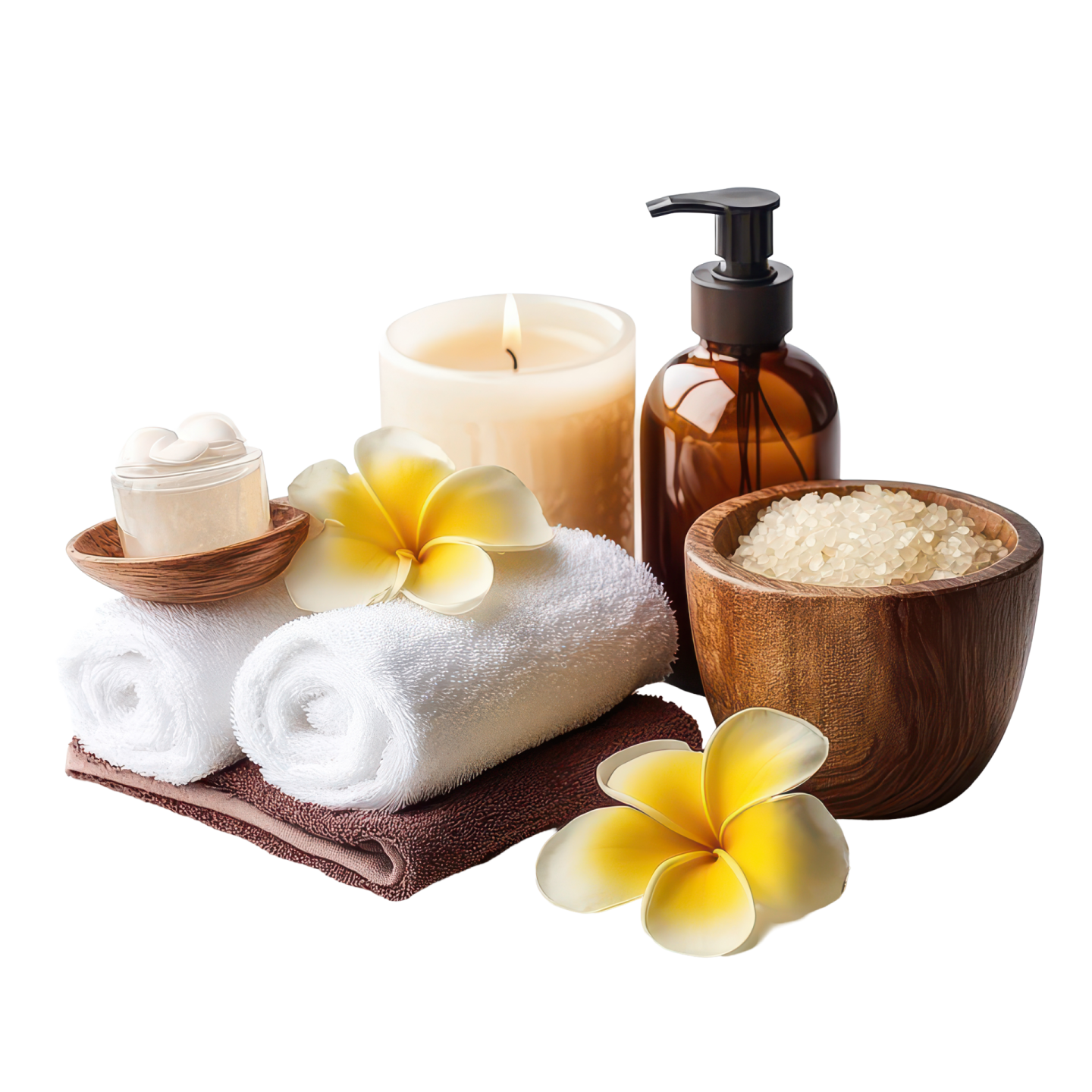 a wooden bowl filled with white towels and flowers