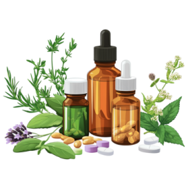 a bottle of essential oil surrounded by herbs