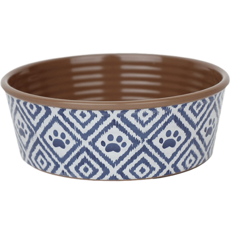 a blue and white patterned dog bowl