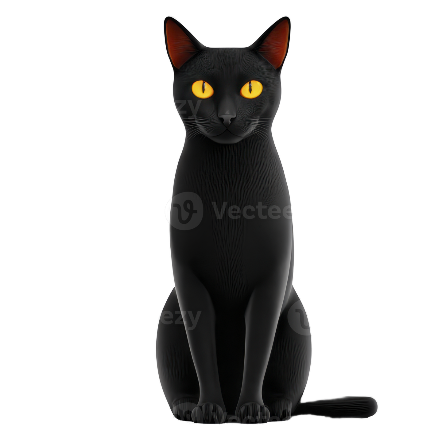 a black cat with yellow eyes sitting down