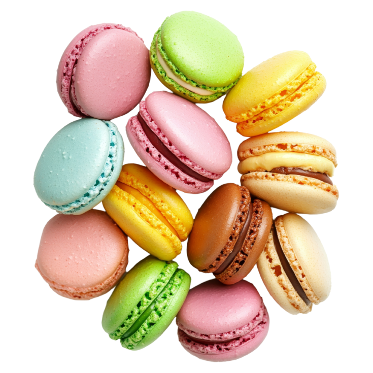 a pile of colorful macarons on a white background