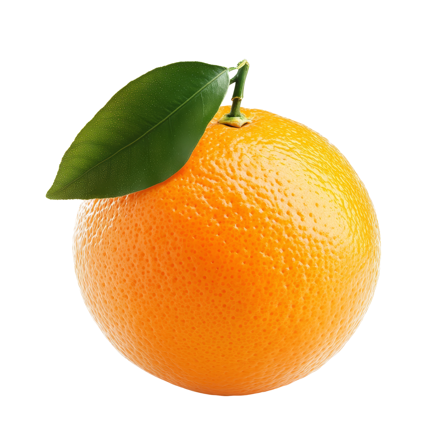an orange with a leaf on it's stem