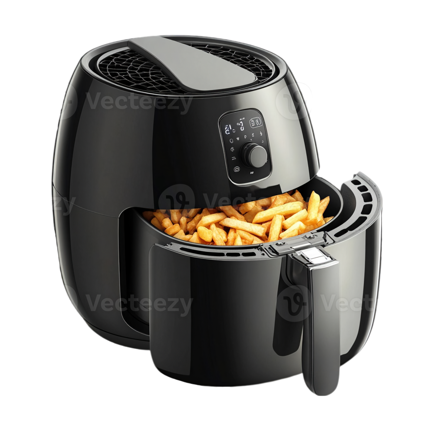 a black air fryer filled with french fries