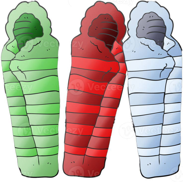 three different colored sleeping bags