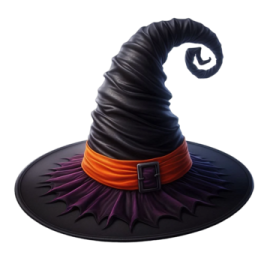 a black witch hat with orange and purple accents