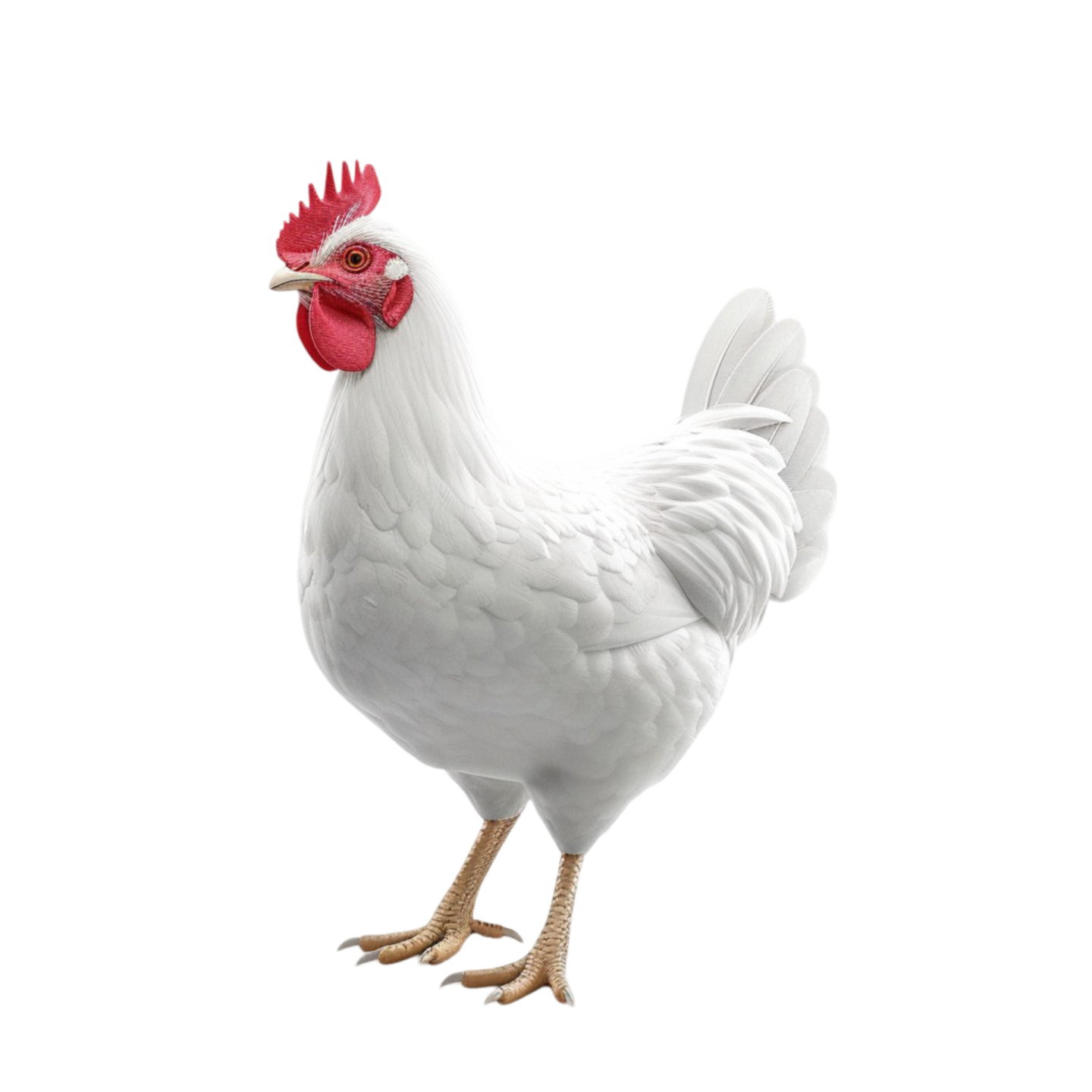 a white chicken with a red comb on its head