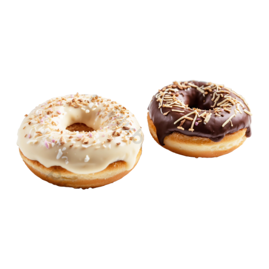 two donuts with chocolate frosting on a white background