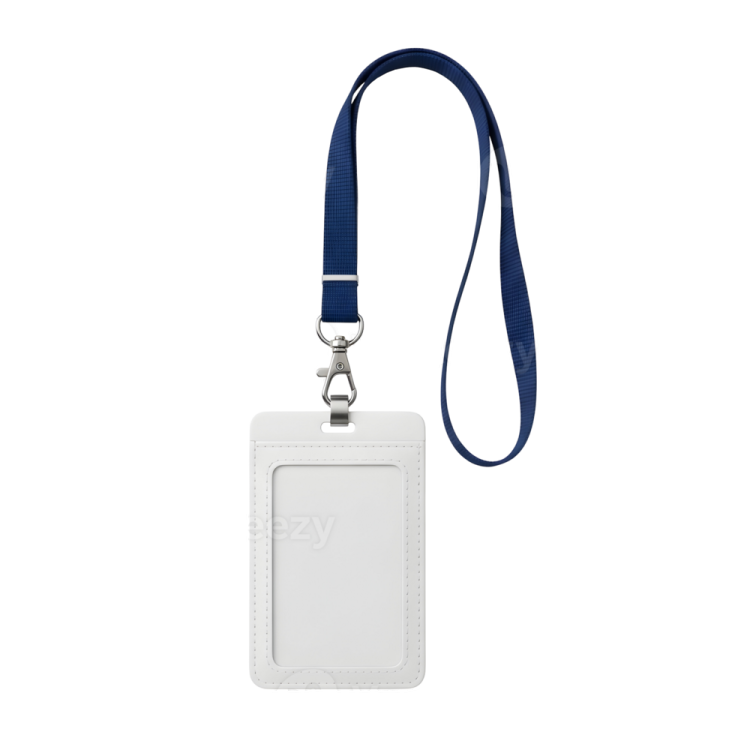 a white luggage tag with a blue lan strap