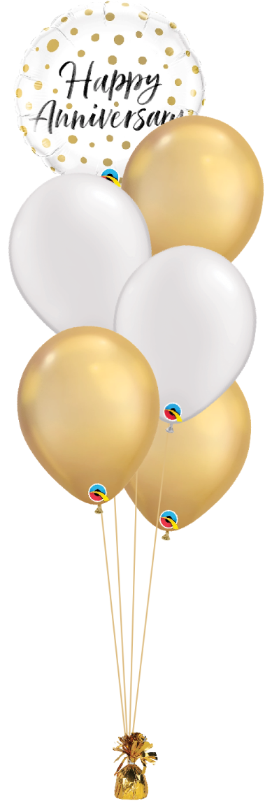a bunch of white and gold balloons with the words happy anniversary