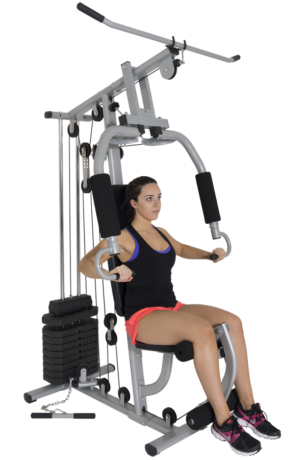a woman is sitting on a seated bench in the gym