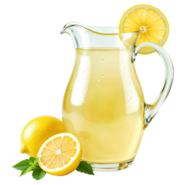a pitcher of lemonade next to sliced lemons