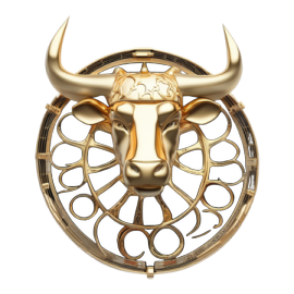 a gold bull head on a black and white background
