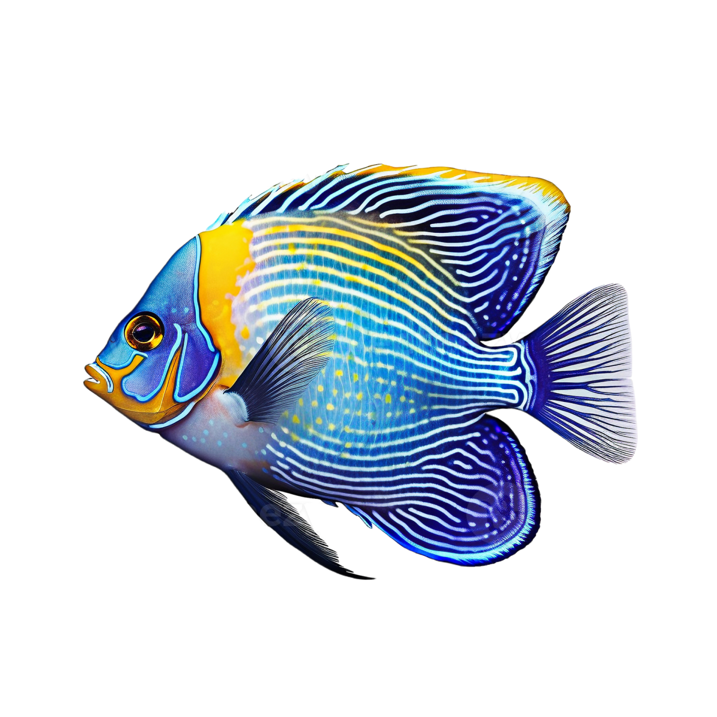 a blue and yellow fish on white background