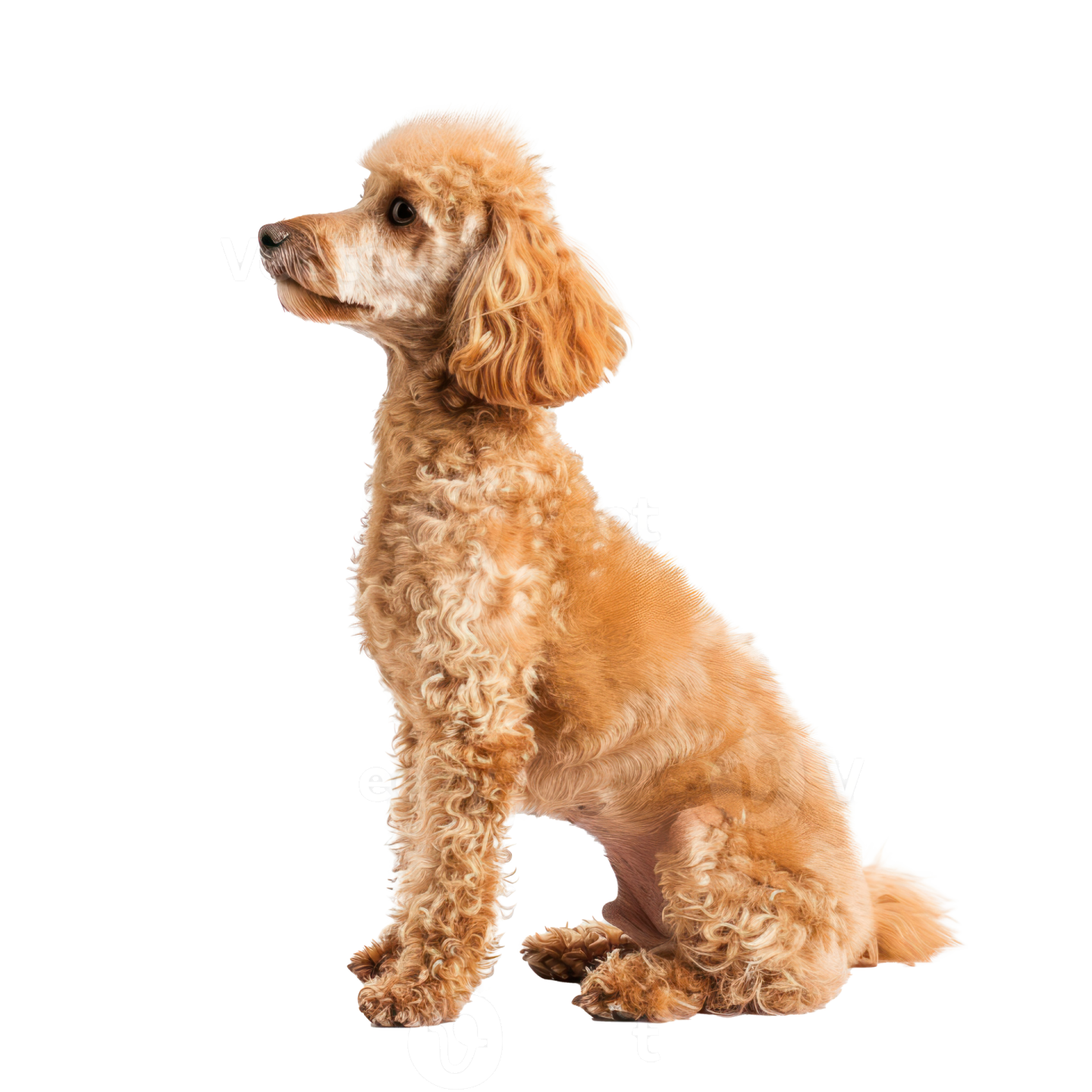 a small brown dog sitting on a white background
