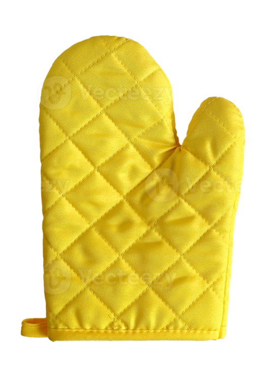 a yellow oven mitt on a white background