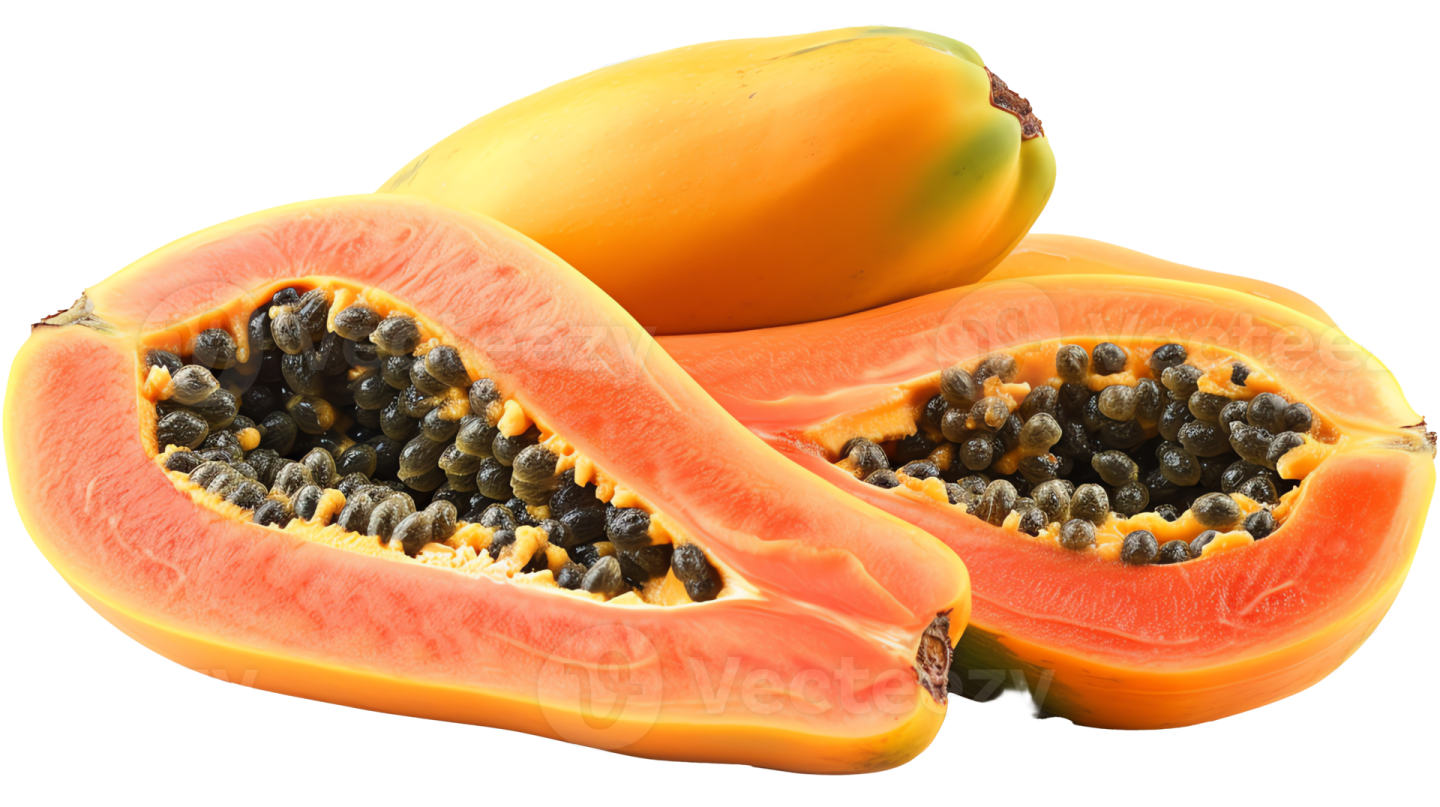 Two halves of a papa with seeds cut open