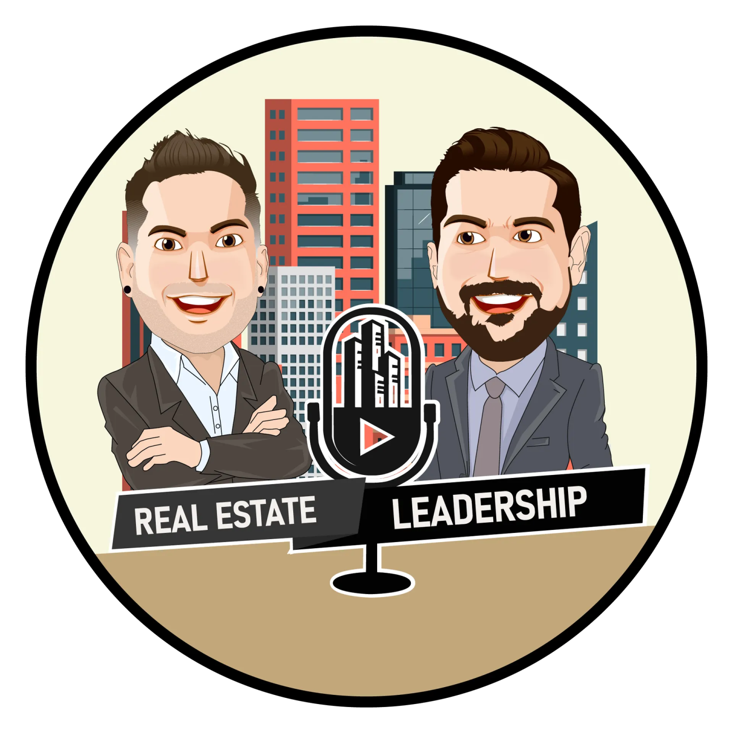 two men in front of a microphone with the words real leadership