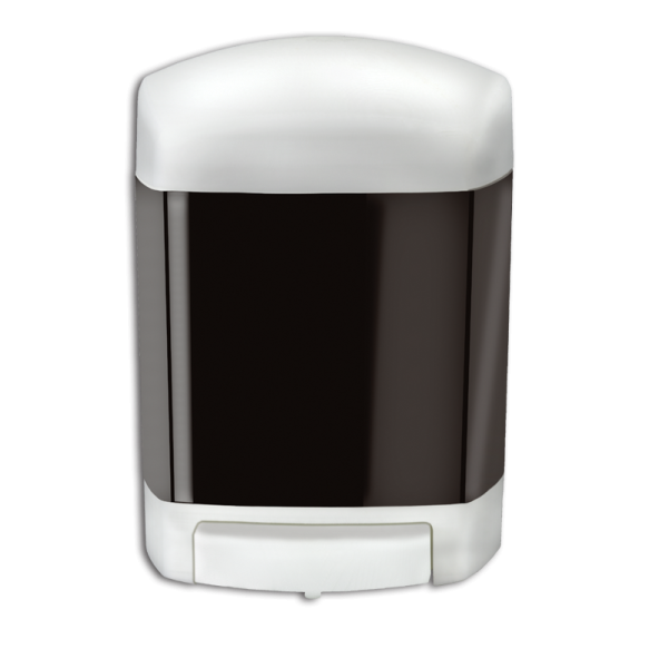 a black and white soap dispenser